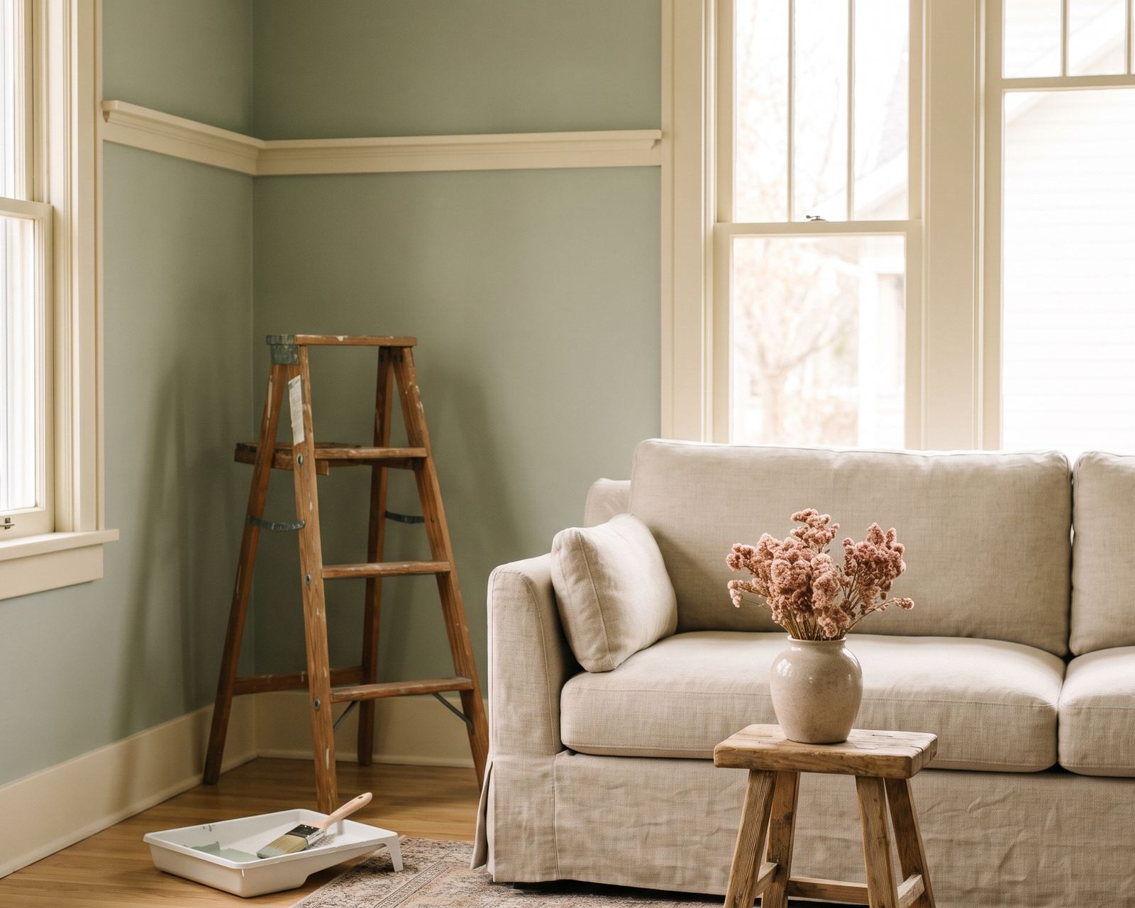 Freshly painted sage green living room with cream trim, a linen sofa and a stepladder in the corner