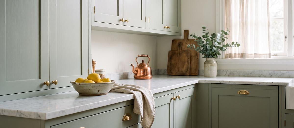 Kitchen cabinets painted a soft sage green with brass handles