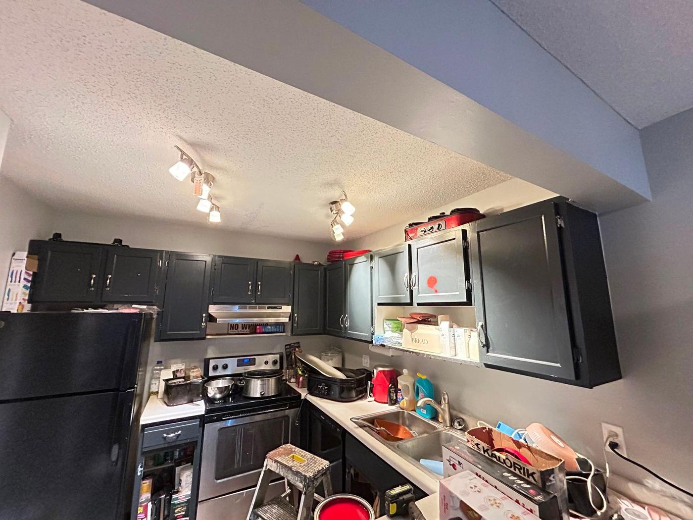 Kitchen with worn black cabinets before painting